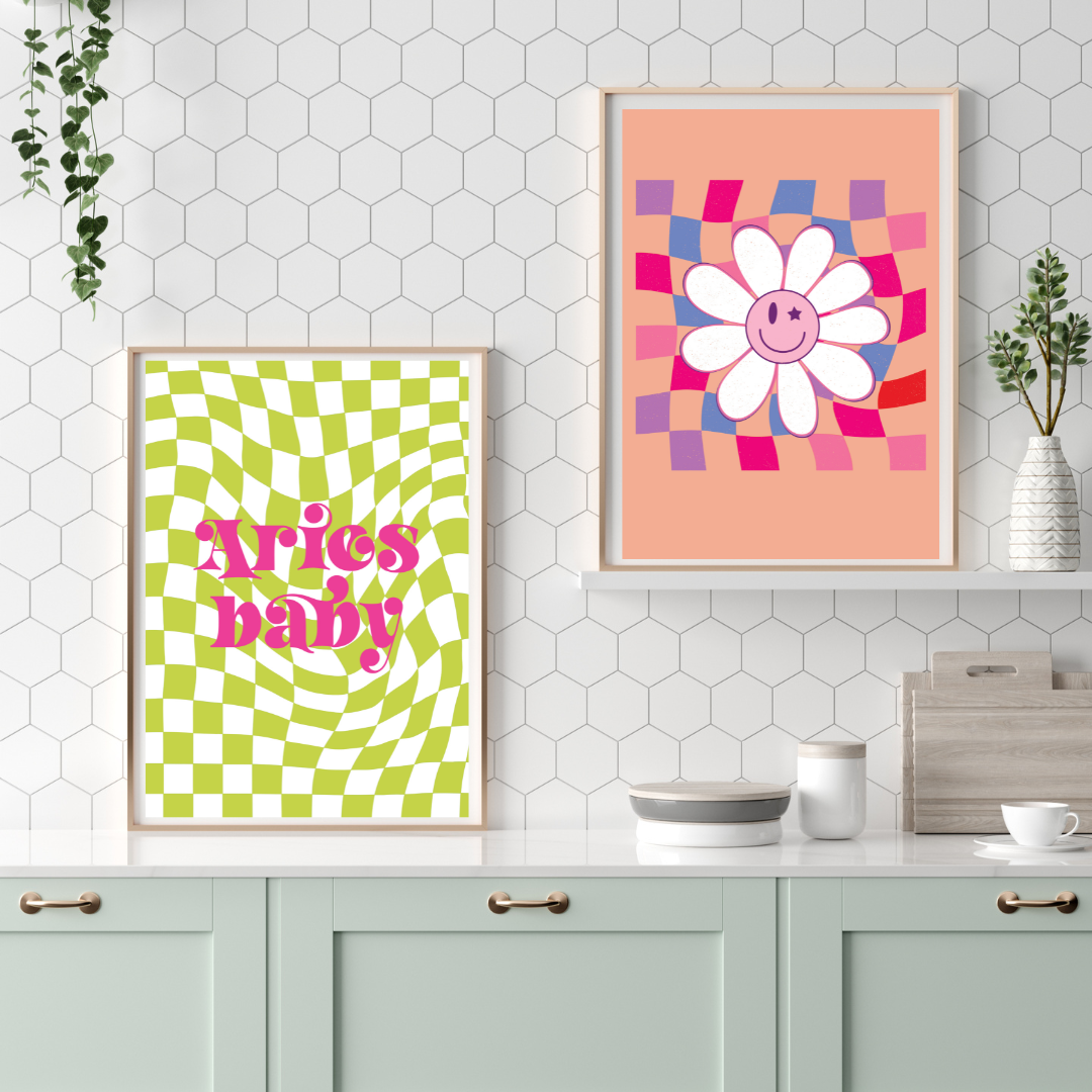 Retro Star Sign Green Pink Check Print