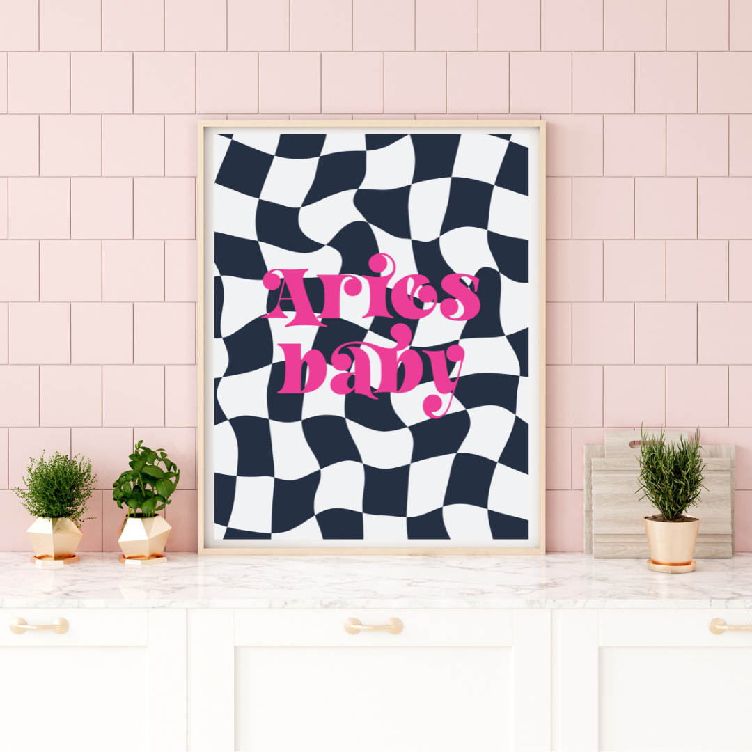 Retro Star Sign Black Pink Check Print