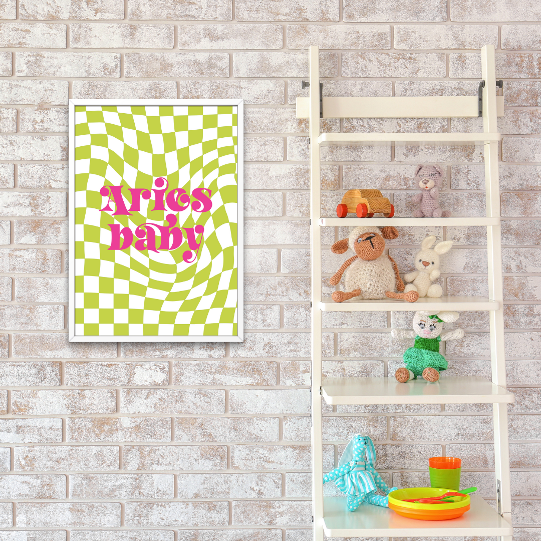 Retro Star Sign Green Pink Check Print